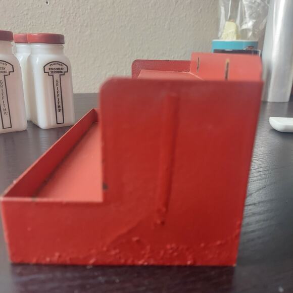 VTG Set Of 8 Original Griffiths Spice Jars ~ Milk Glass With Red Metal Rack - Picture 16 of 16